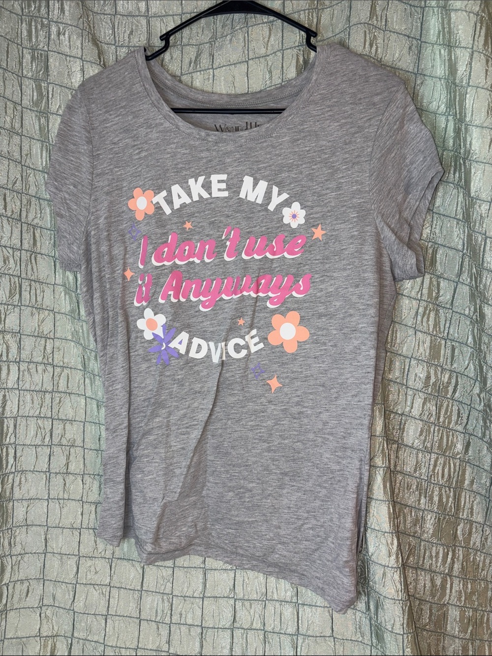 Wound Up Gray Graphic Tee with Pink & White Lettering